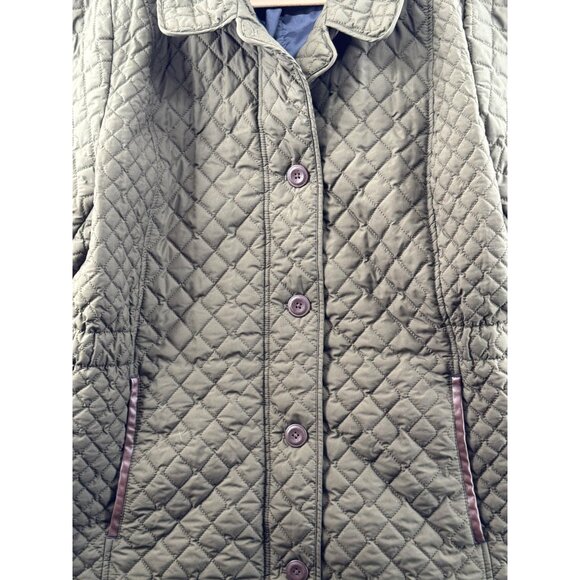 Lands End Quilted Jacket Womens Olive Diamond Pattern Button Closure Size XL 18 - Picture 3 of 9